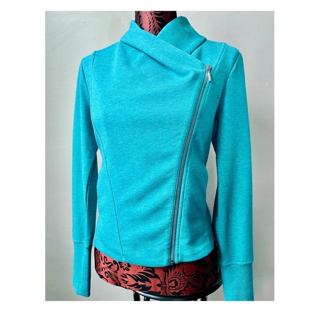 ANTHRO/HALSTON Soft Knit Teal/Aqua Full Zip Moto Blazer Jacket Size 4 - Small
